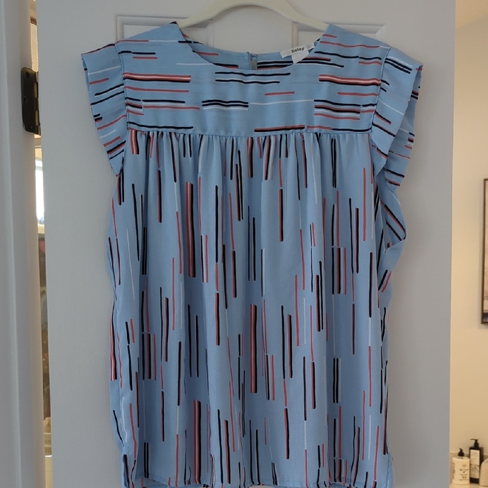 Esley Light Blue Blouse with Black and Pink Lines